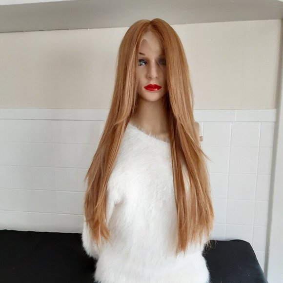 Ginger brown lace front wig with blonde highlights straight main image 8